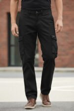 Premium Black Cargo Pants Likely a Durable Cotton-Ctretch Twill